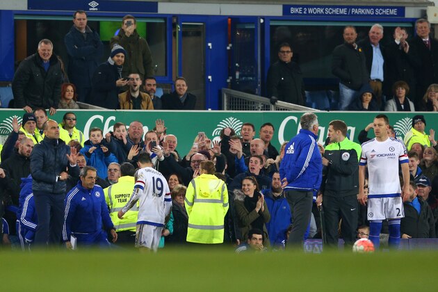 LIVERPOOL, ENGLAND - MARCH 12: Diego Costa of Chelsea walks off the pitch after sent off during the Emirates FA Cup sixth round match between Everton and Chelsea at Goodison Park on March 12, 2016 in Liverpool, England.  (Photo by Clive Brunskill/Getty Images)