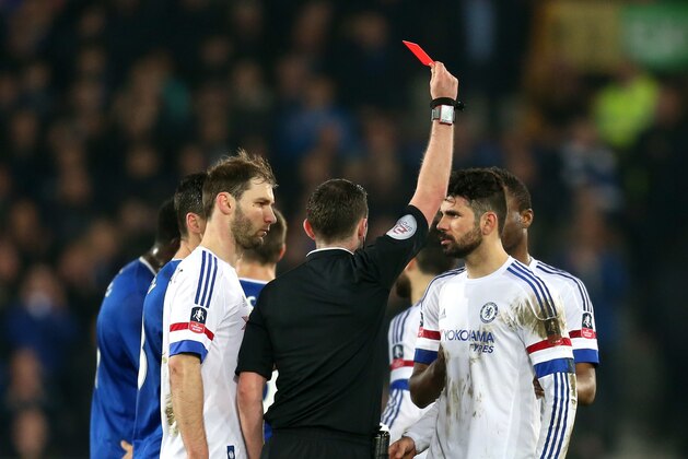 LIVERPOOL, ENGLAND - MARCH 12:  Diego Costa of Chelsea is shown a red card by referee Michael Oliver during the Emirates FA Cup sixth round match between Everton and Chelsea at Goodison Park on March 12, 2016 in Liverpool, England.  (Photo by Chris Brunskill/Getty Images)