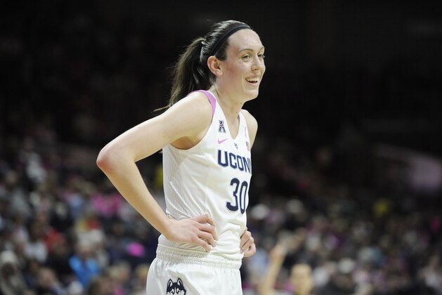 Connecticut’s Breanna Stewart in the first half of an NCAA college basketball game, Wednesday, Feb. 17, 2016, in Storrs, Conn. (AP Photo/Jessica Hill)