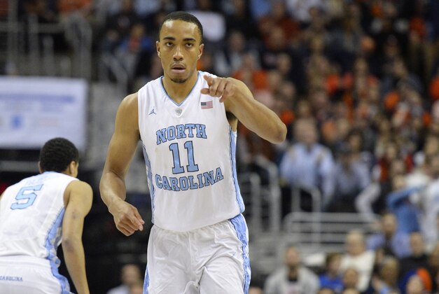 Mar 12, 2016; Washington, DC, USA; North Carolina Tar Heels forward Brice Johnson (11) points to his bench after scoring in the first half dV| uring the championship game of the ACC conference tournament at Verizon Center. Mandatory Credit: Tommy Gilligan-USA TODAY Sports