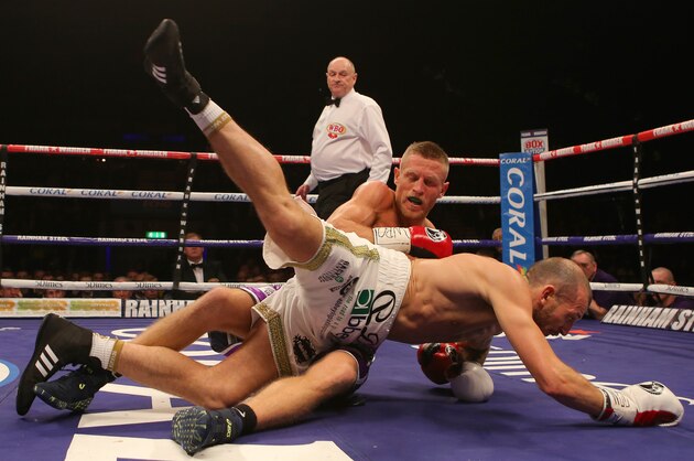 LIVERPOOL, ENGLAND - MARCH 12: Terry Flanagan and Derry Matthews during their WBO World Lightweight Championship bout at the Echo Arena on March 12, 2016 in Liverpool, England. (Photo by Dave Thompson/Getty Images)