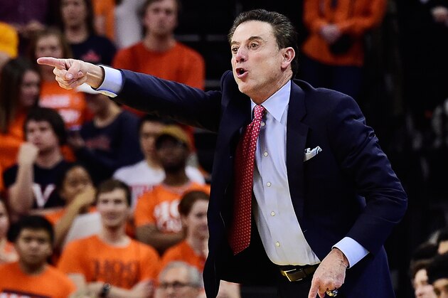 CHARLOTTESVILLE, VA - MARCH 05:  Head coach Rick Pitino of the Louisville Cardinals reacts in the first half during their game against the Virginia Cavaliers at John Paul Jones Arena on March 5, 2016 in Charlottesville, Virginia.  (Photo by Patrick McDermott/Getty Images)
