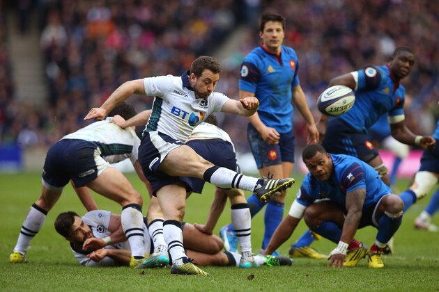 EDINBURGH, SCOTLAND - MARCH 13:  Greig Laidlaw of Scotland clears the ball upfield during the RBS Six Nations match between Scotland and France at Murrayfield Stadium on March 13, 2016 in Edinburgh, Scotland.  (Photo by Ian MacNicol/Getty Images)