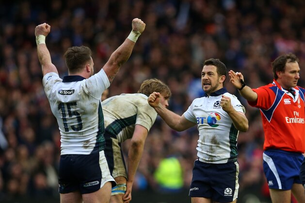 EDINBURGH, SCOTLAND - MARCH 13:  Stuart Hogg and Greig Laidlaw of Scotland celebrate victory as the final whistle blows during the RBS Six Nations match between Scotland and France at Murrayfield Stadium on March 13, 2016 in Edinburgh, Scotland.  (Photo by Ian MacNicol/Getty Images)