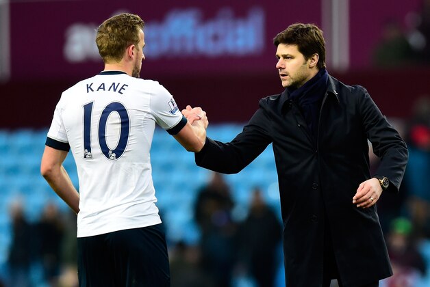BIRMINGHAM, ENGLAND - MARCH 13:  Mauricio Pochettino manager of Tottenham Hotspur and Harry Kane of Tottenham Hotspur shake hands after victory in the Barclays Premier League match between Aston Villa and Tottenham Hotspur at Villa Park on March 13, 2016 in Birmingham, England.  (Photo by Stu Forster/Getty Images)