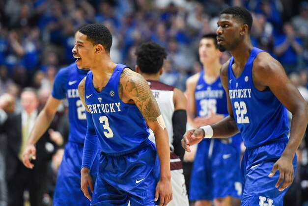 Mar 13, 2016; Nashville, TN, USA; Kentucky Wildcats guard Tyler Ulis (3) celebrates after a play during second half of the championship game against Texas A&M Aggies of the SEC tournament at Bridgestone Arena. Mandatory Credit: Christopher Hanewinckel-USA TODAY Sports