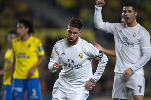 LAS PALMAS, SPAIN - MARCH 13: Sergio Ramos of Real Madrid CF celebrates scoring their opening goal during the La Liga match between UD Las Palmas and Real Madrid CF at Estadio de Gran Canaria on March 13, 2016 in Las Palmas, Spain.  (Photo by Gonzalo Arroyo Moreno/Getty Images)