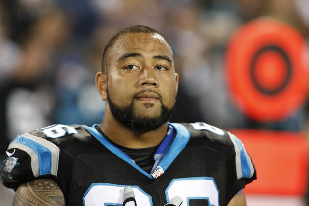 Carolina Panthers' Amini Silatolu (66) on the sidelines before an NFL football game against the Philadelphia Eagles in Charlotte, N.C., Sunday, Oct. 25, 2015. The Panthers won 27-16. (AP Photo/Bob Leverone)