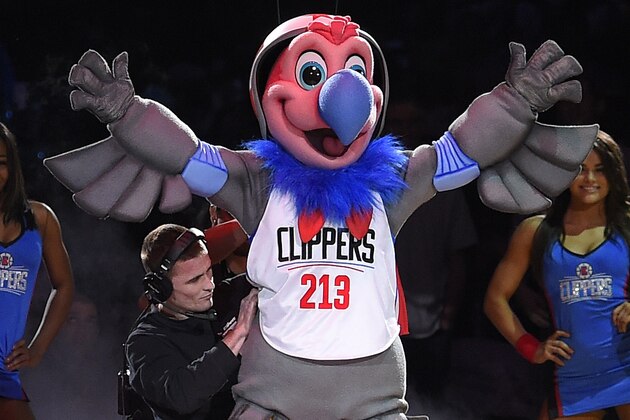 Los Angeles Clippers new mascot, a California Condor named Chuck, is introduced during halftime of an NBA basketball game between the Clippers and the Brooklyn Nets, Monday, Feb. 29, 2016, in Los Angeles. (AP Photo/Mark J. Terrill)
