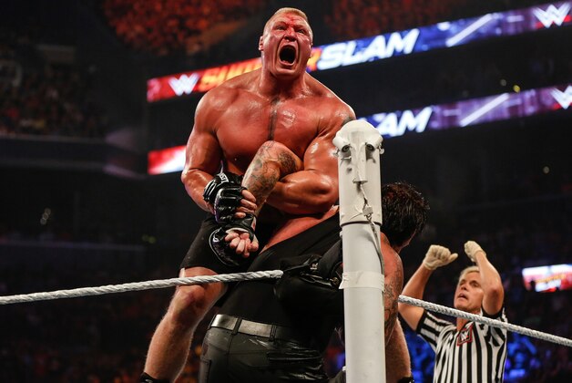 NEW YORK, NY - AUGUST 23:  Brock Lesnar and The Undertaker battle it out at the WWE SummerSlam 2015 at Barclays Center of Brooklyn on August 23, 2015 in New York City.  (Photo by JP Yim/Getty Images)