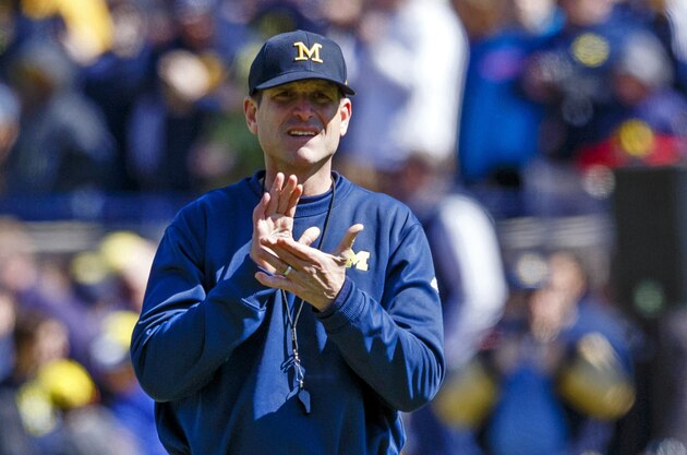 Apr 4, 2015; Ann Arbor, MI, USA; Michigan Wolverines head coach Jim Harbaugh is seen during the Spring football game at Michigan Stadium. Mandatory Credit: Rick Osentoski-USA TODAY Sports