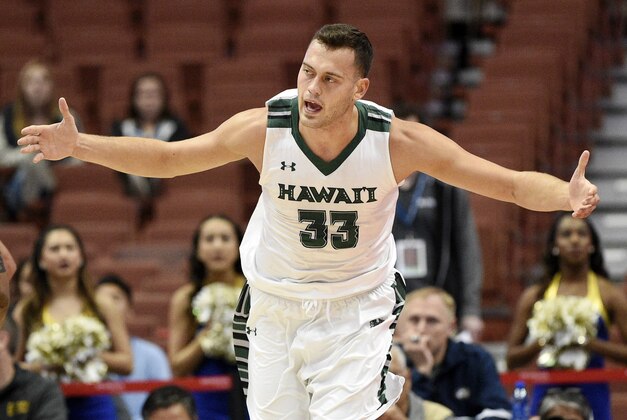 Mar 11, 2016; Anaheim, CA, USA; Hawaii Rainbow Warriors forward Stefan Jankovic (33) reacts after a shot during the first half during the Big West conference tournament against the UC Santa Barbara Gauchos at Honda Center. Mandatory Credit: Kelvin Kuo-USA TODAY Sports