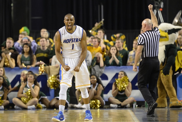 Mar 6, 2016; Baltimore, MD, USA; Hofstra Pride guard Juan'ya Green (1) reacts after stopping William & Mary Tribe with less then one second to go in the clock during the second half of game one of the CAA conference tournament semi-finals at Royal Farms Arena. Hofstra Pride defeated William & Mary Tribe 70-67. Mandatory Credit: Tommy Gilligan-USA TODAY Sports