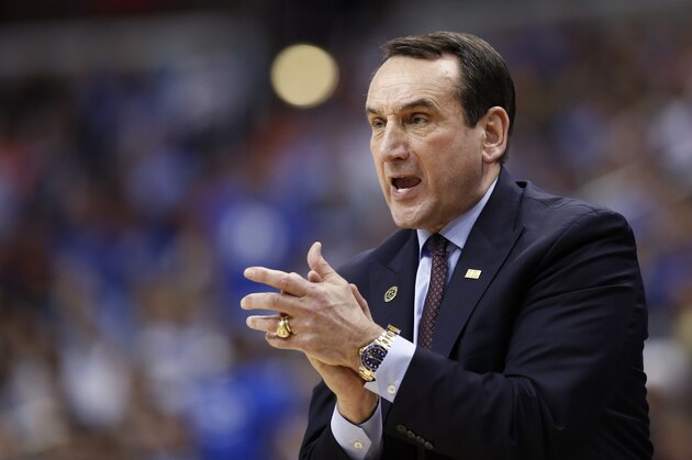 Duke head coach Mike Krzyzewski reacts during the first half of an NCAA college basketball game in the Atlantic Coast Conference tournament against Notre Dame, Thursday, March 10, 2016, in Washington. (AP Photo/Alex Brandon)