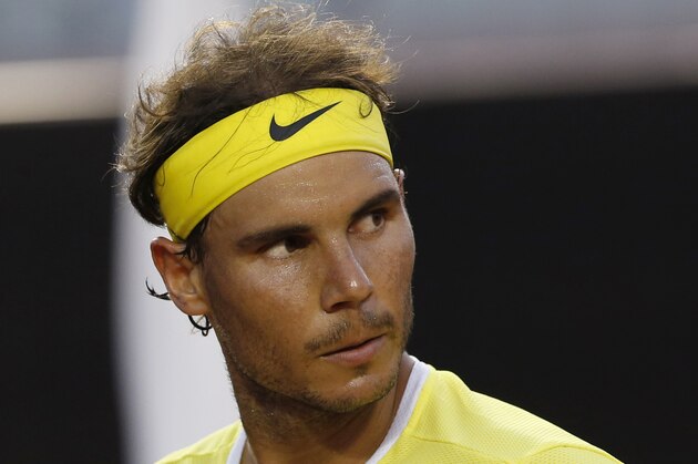 Rafael Nadal of Spain celebrates a point against Nicolas Almagro of Spain, during a Rio Open tennis match, in Rio de Janeiro, Brazil, Thursday, Feb. 18, 2016. (AP Photo/Silvia Izquierdo)