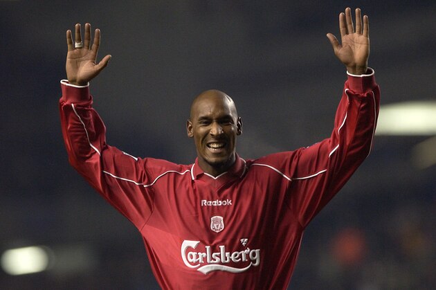 5 Jan 2002:  Nicolas Anelka of Liverpool celebrates his goal during the AXA FA Cup Third Round match between Liverpool and Birmingham City at Anfield, Liverpool. DIGITAL IMAGE.                                                                       Mandatory Credit: Clive Brunskill/ Getty Images