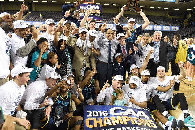 BALTIMORE, MD - MARCH 07:  The North Carolina-Wilmington Seahawks celebrate winning the Colonial Athletic Conference Championship college basketball game tournament against the Hofstra Pride at Royal Farms Arena on March 7, 2016 in Baltimore, Maryland.  (Photo by Mitchell Layton/Getty Images)