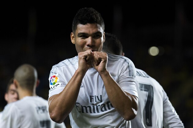 LAS PALMAS, SPAIN - MARCH 13:  Carlos Casemiro of Real Madrid CF celebrates scoring their second goal during the La Liga match between UD Las Palmas and Real Madrid CF at Estadio de Gran Canaria on March 13, 2016 in Las Palmas, Spain.  (Photo by Gonzalo Arroyo Moreno/Getty Images)