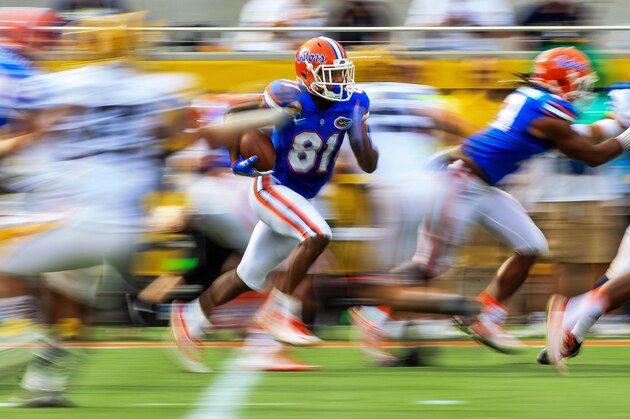 ORLANDO, FL - JANUARY 01: Antonio Callaway #81 of the Florida Gators rushes during the first half of the Buffalo Wild Wings Citrus Bowl game against the Michigan Wolverines at Orlando Citrus Bowl on January 1, 2016 in Orlando, Florida.  (Photo by Rob Foldy/Getty Images)