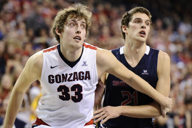 Feb 20, 2016; Spokane, WA, USA; Gonzaga Bulldogs forward Kyle Wiltjer (33) competes for position against Saint Mary s Gaels center Evan Fitzner (21) during the second half at McCarthey Athletic Center. The Gaels won 63-58. Mandatory Credit: James Snook-USA TODAY Sports