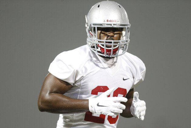Ohio State safety Khaleed Franklin runs drills during their Spring NCAA college football practice Tuesday, March 8, 2016, in Columbus, Ohio. (AP Photo/Jay LaPrete)