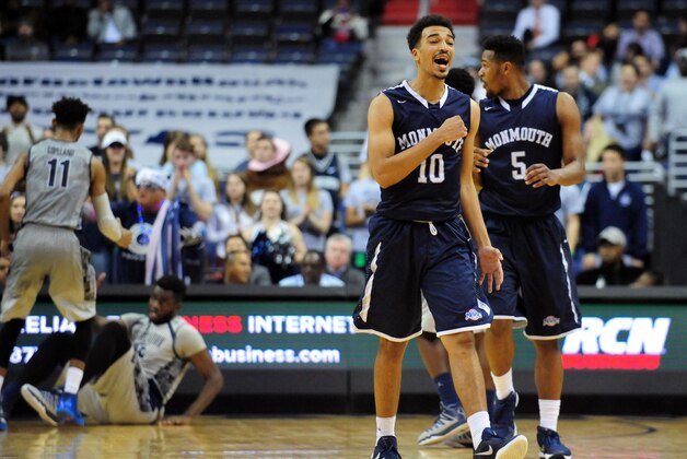 Dec 15, 2015; Washington, DC, USA; Monmouth Hawks guard Micah Seaborn (10) celebrates in the second half against the Georgetown Hoyas at Verizon Center. Mandatory Credit: Evan Habeeb-USA TODAY Sports