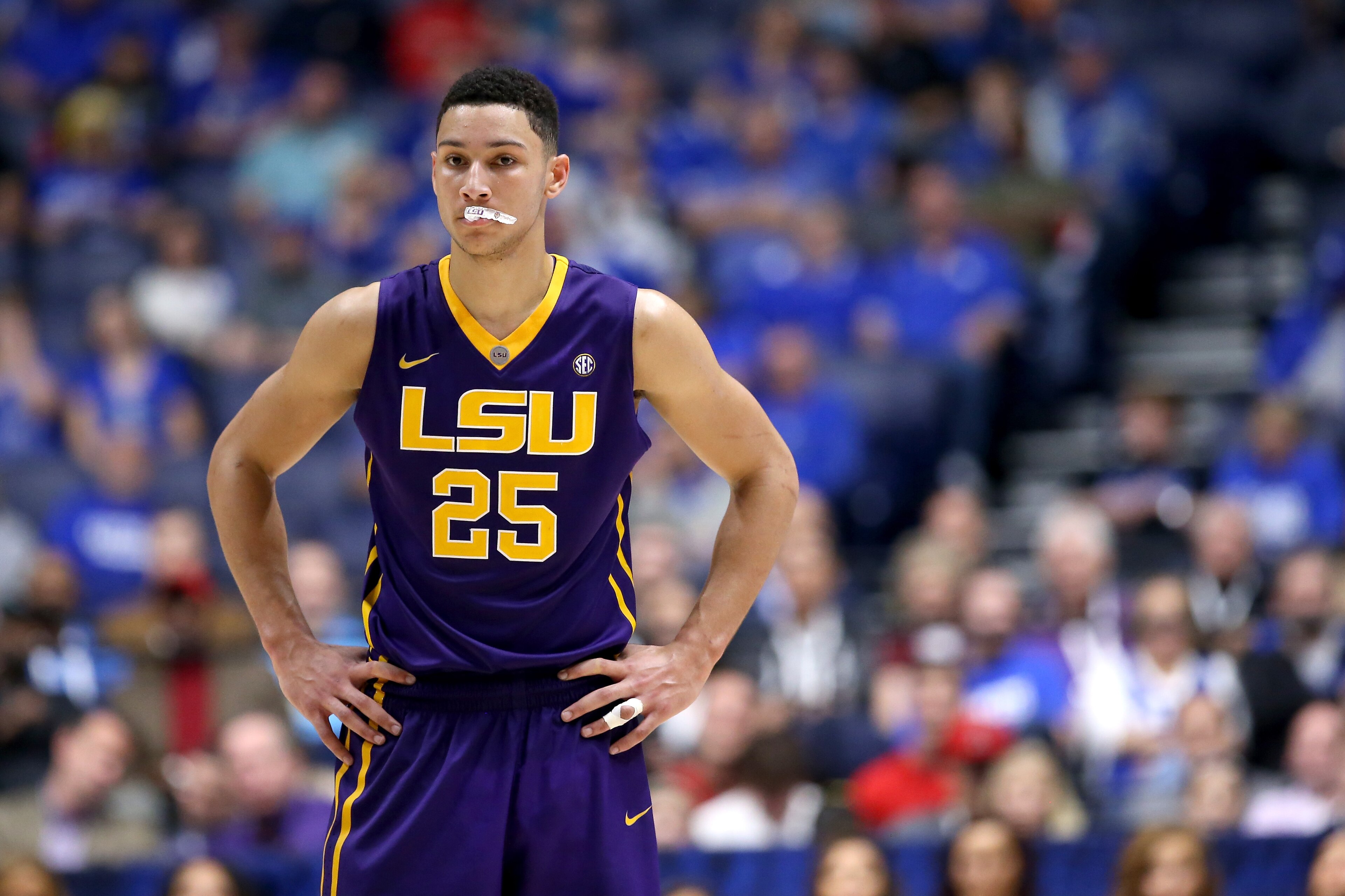 NASHVILLE, TN - MARCH 12:  Ben Simmons #25 of the LSU Tigers stands on the court after being charged with a technical foul in the game against the Texas A&M Aggies during the semifinals of the SEC Tournament at Bridgestone Arena on March 12, 2016 in Nashville, Tennessee.  (Photo by Andy Lyons/Getty Images)