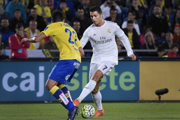 Real Madrid's Portuguese forward Cristiano Ronaldo (R) vies with Las Palmas' defender Javier Garrido during the Spanish league football match UD Las Palmas vs Real Madrid CF at the Gran Canaria stadium in Las Palmas de Gran Canaria on March 13, 2016. / AFP / DESIREE MARTIN        (Photo credit should read DESIREE MARTIN/AFP/Getty Images)