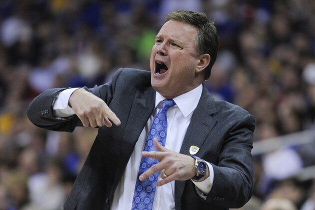 KANSAS CITY, MO - MARCH 12:  Bill Self head coach of the Kansas Jayhawks directs his team against the West Virginia Mountaineers in the second half during the championship game of the Big 12 Basketball Tournament at Sprint Center on March 12, 2016 in Kansas City, Missouri. (Photo by Ed Zurga/Getty Images)