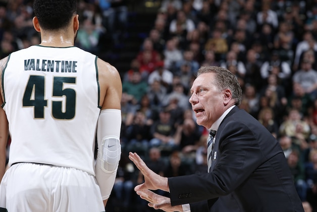 INDIANAPOLIS, IN - MARCH 13: Head coach Tom Izzo of the Michigan State Spartans talks to Denzel Valentine #45 against the Purdue Boilermakers in the championship game of the Big Ten Basketball Tournament at Bankers Life Fieldhouse on March 13, 2016 in Indianapolis, Indiana. (Photo by Joe Robbins/Getty Images)