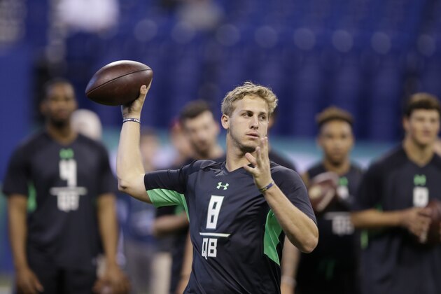 California quarterback Jared Goff runs a drill at the NFL football scouting combine on Saturday, Feb. 27, 2016, in Indianapolis. (AP Photo/Darron Cummings)