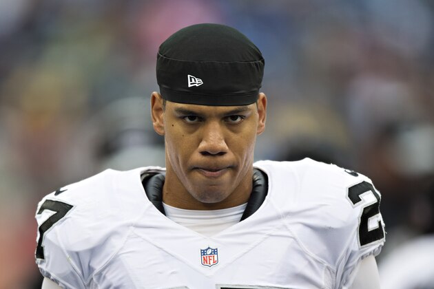 NASHVILLE, TN - NOVEMBER 29:  Taylor Mays #27 of the Oakland Raiders on the sidelines during a game against the Tennessee Titans at Nissan Stadium on November 29, 2015 in Nashville, Tennessee.  The Raiders defeated the Titans 24-21.  (Photo by Wesley Hitt/Getty Images)