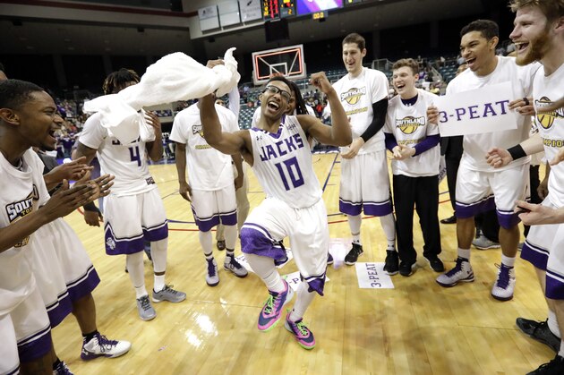 Stephen F. Austin's Trey Pinkney (10) dances while celebrating with teammates after an NCAA college basketball game against Texas A&M Corpus Christi in the championship of the Southland Conference tournament, Saturday, March 12, 2016, in Katy, Texas. Stephen F. Austin won 82-60. (AP Photo/David J. Phillip)
