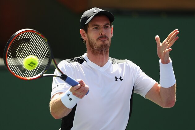 INDIAN WELLS, CA - MARCH 14:  Andy Murray of Great Britain in action against Federico Delbonis of Argentina during day eight of the BNP Paribas Open at Indian Wells Tennis Garden on March 14, 2016 in Indian Wells, California.  (Photo by Julian Finney/Getty Images)