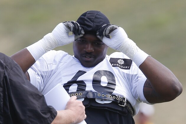 Pittsburgh Steelers tackle Kelvin Beachum (68) at practice during the  NFL football training camp in Latrobe, Pa. on Monday, Aug. 3, 2015 . (AP Photo/Keith Srakocic)