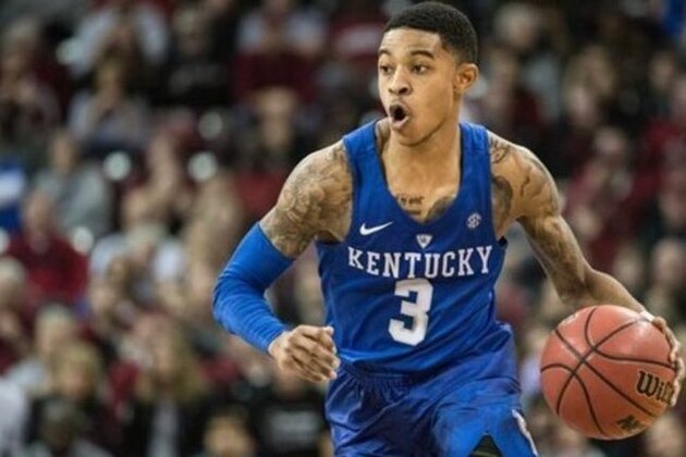 FILE - In this Feb. 13, 2016, file photo, Kentucky guard Tyler Ulis (3) pushes the ball down court during the second half of an NCAA college basketball game against South Carolina in Columbia, S.C. Southeastern Conference coaches have picked Kentucky sophomore guard Tyler Ulis as the league's player of the year and defensive player of the year on Tuesday, March 8, 2016. (AP Photo/Sean Rayford, File)
