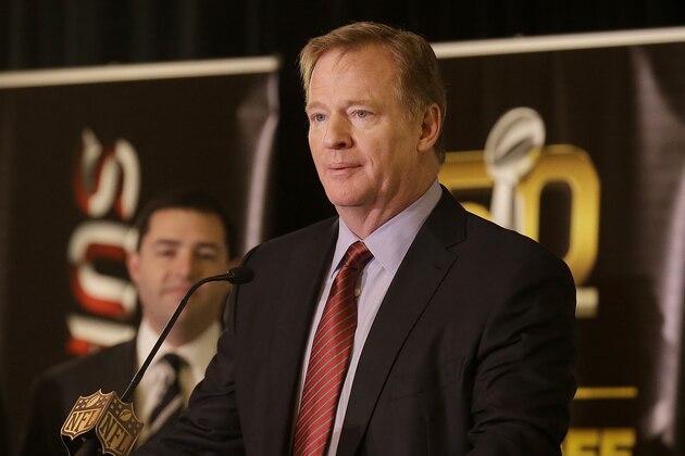 NFL Commissioner Roger Goodell speaks at a news conference in San Francisco, Monday, Feb. 8, 2016. (AP Photo/Jeff Chiu)