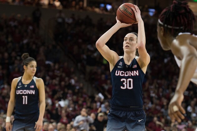 COLUMBIA, SC - FEBRUARY 08: Breanna Stewart #30 of the Connecticut Huskies shoots a free throw against the South Carolina Gamecocks at Colonial Life Arena on February 8, 2016 in Columbia, South Carolina. UConn defeated South Carolina 66-54. (Photo by Lance King/Getty Images)
