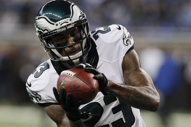 Philadelphia Eagles cornerback Nolan Carroll (23) makes a catch during pre-game of an NFL football game against the Detroit Lions, Thursday, Nov. 26, 2015, in Detroit. (AP Photo/Duane Burleson)