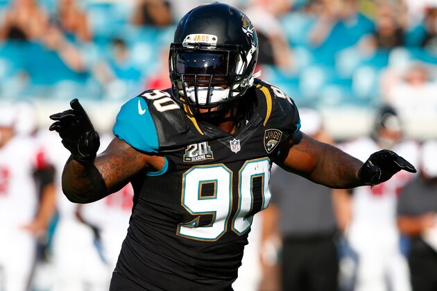 JACKSONVILLE, FL - AUGUST 28:  Andre Branch #90 of the Jacksonville Jaguars celebrates a sack against the Atlanta Falcons during the preseason NFL game at EverBank Field on August 28, 2014 in Jacksonville, Florida.  (Photo by Sam Greenwood/Getty Images)