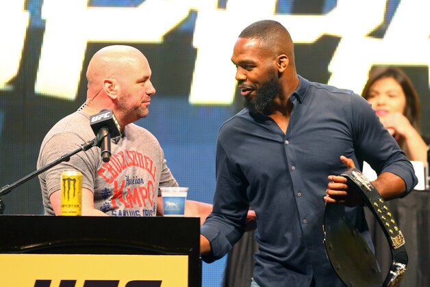 Mar 4, 2016; Las Vegas, NV, USA; UFC president Dana White (left) greets fighter Jon Jones during a press conference prior to weigh-ins for UFC 196 at MGM Grand Garden Arena. Mandatory Credit: Mark J. Rebilas-USA TODAY Sports
