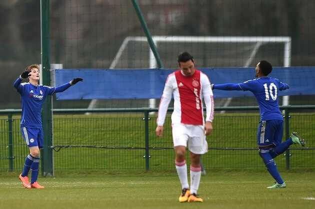 COBHAM, ENGLAND - MARCH 15: Goalscorer for Chelsea Kyle Scott (L) celebrates with Kasey Palmer (R) during the UEFA Youth League quarter final match between Chelsea and Ajax at Chelsea Training Ground on March 15, 2016 in Cobham, England. (Photo by Tom Dulat/Getty Images).