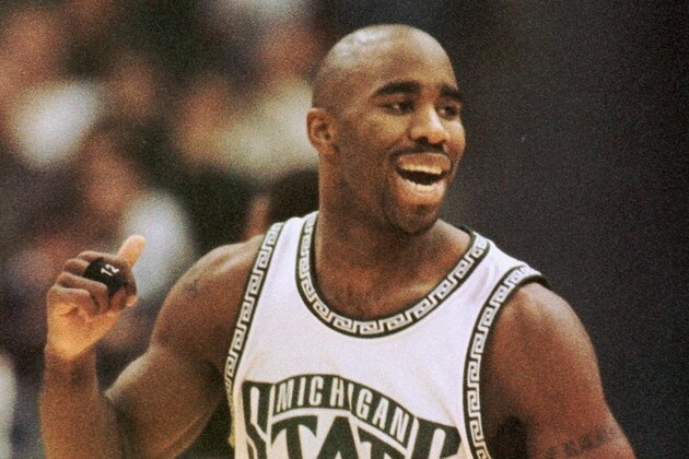 Michigan State's Mateen Cleaves celebrates late in the game during his team's 74-66 victory over Mississippi in an  NCAA Midwest Region second-round game Sunday, March 14, 1999, at the Bradley Center in Milwaukee. The win advances Michigan State to the Sweet Sixteen round next week in St. Louis. (AP Photo/Morry Gash)