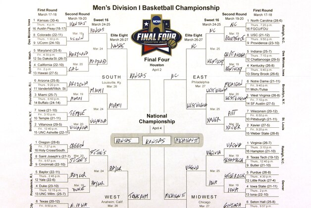 This photo shows the bracket of the NCAA college basketball tournament, taken in New York on Sunday, March 13, 2016. The filled out bracket is one man's opinion on which team is going to advance and find a way to Houston for the Final Four. (AP Photo/Hiro Komae)