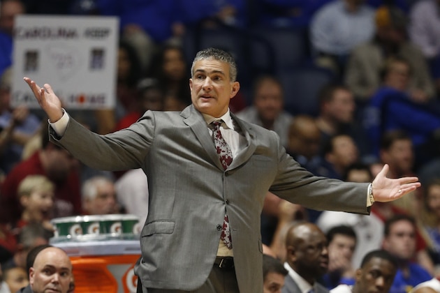 South Carolina head coach Frank Martin argues a call during the first half of an NCAA college basketball game against Georgia in the Southeastern Conference tournament in Nashville, Tenn., Friday, March 11, 2016. (AP Photo/John Bazemore)