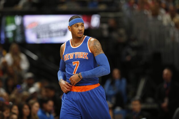 New York Knicks forward Carmelo Anthony (7) in the first half of an NBA basketball game Tuesday, March 8, 2016, in Denver. (AP Photo/David Zalubowski)