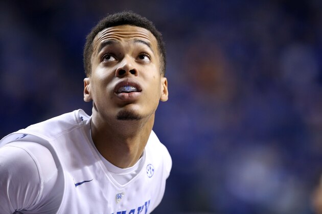 LEXINGTON, KY - FEBRUARY 18:  Skal Labissiere #1 of the Kentucky Wildcats watches the action during the game against the Tennessee Volunteers at Rupp Arena on February 18, 2016 in Lexington, Kentucky.  (Photo by Andy Lyons/Getty Images)