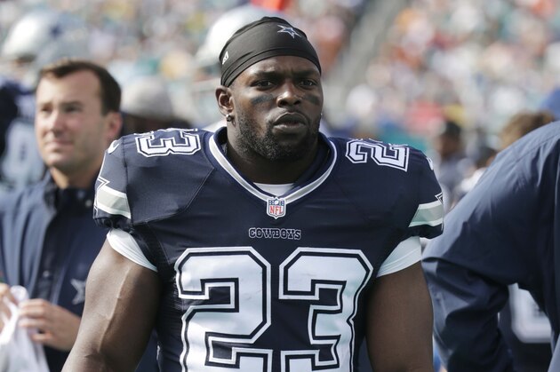 Dallas Cowboys Robert Turbin (23) walks the sidelined during the first half of an NFL football game against the Miami Dolphins, Sunday, Nov. 22, 2015, in Miami Gardens, Fla.  (AP Photo/Lynne Sladky)