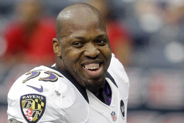 FILE - In this file photo from Oct. 21, 2012, Baltimore Ravens linebacker Terrell Suggs warms up before an NFL football game in Houston. Authorities say Suggs was arrested after his BMW apparently hit a curb in the Phoenix suburb of Scottsdale. Officers responding to a report of a crash early Friday, March 4, 2016, followed a fluid trail to a grocery store parking lot where they found the 33-year-old NFL player's car with fresh damage. (AP Photo/Patric Schneider, File)