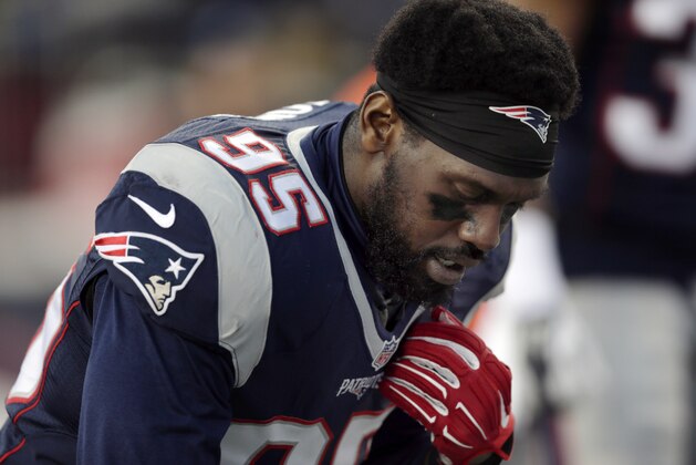 New England Patriots defensive end Chandler Jones kneels before an NFL divisional playoff football game against the Kansas City Chiefs, Saturday, Jan. 16, 2016, in Foxborough, Mass. (AP Photo/Charles Krupa) New England Patriots defensive end Chandler Jones kneels before an NFL divisional playoff football game against the Kansas City Chiefs, Saturday, Jan. 16, 2016, in Foxborough, Mass. (AP Photo/Charles Krupa)